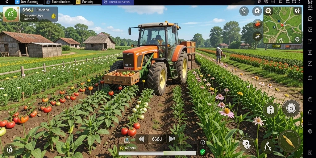 Screenshot gameplay 666J menampilkan aktivitas bertani yang seru.