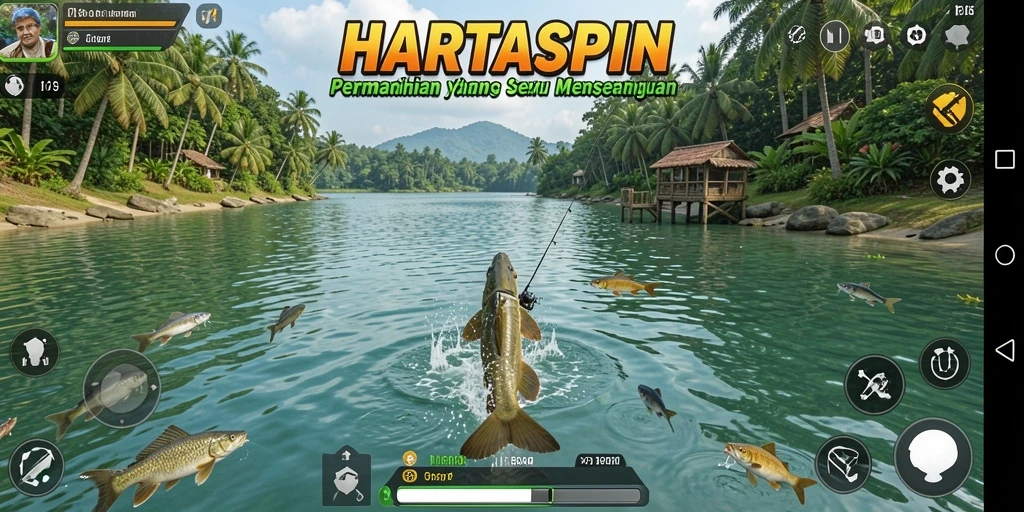 Tampilan gameplay HARTASPIN menampilkan momen menangkap ikan yang mendebarkan.