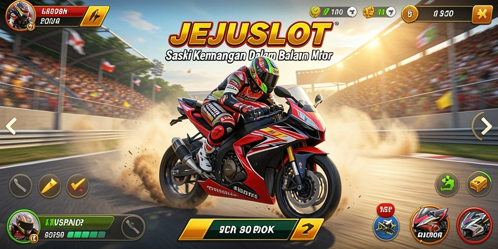 Screenshot gameplay JEJUSLOT menampilkan aksi balapan motor yang mendebarkan.