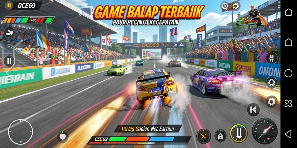 Screenshot gameplay OCE69 menampilkan balapan mendebarkan di trek yang menantang.