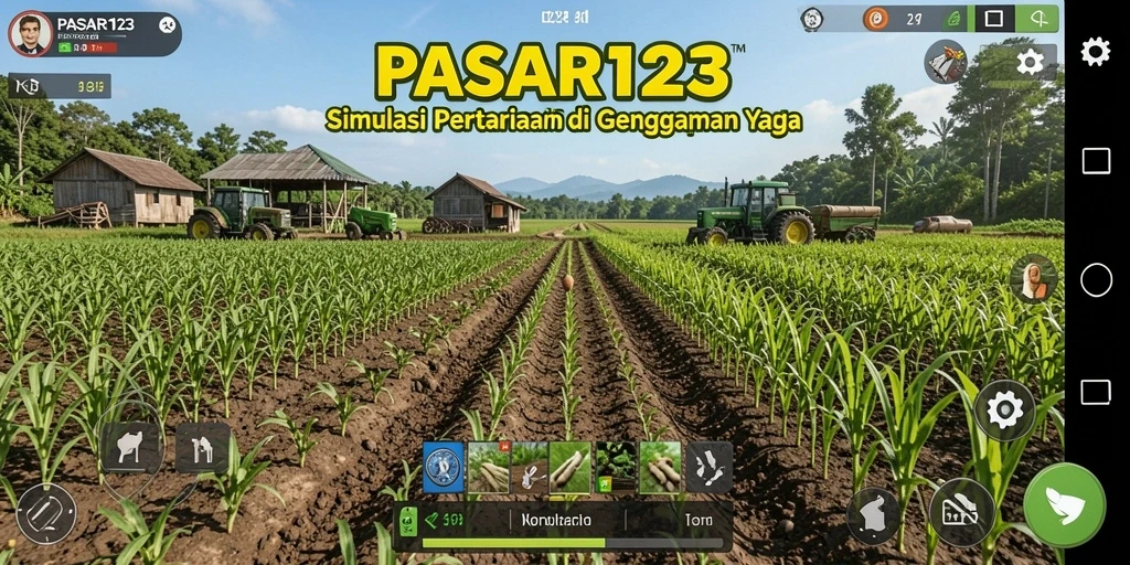 Screenshot gameplay PASAR123 yang menampilkan ladang subur dan aktivitas bertani.