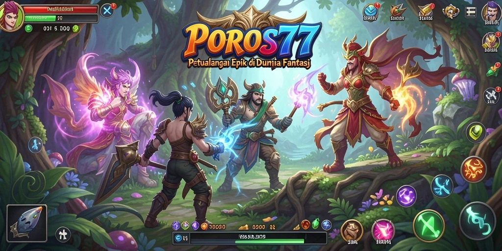 Tampilan gameplay menarik di dunia fantasi POROS77.
