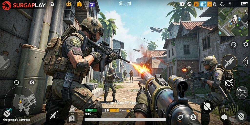 Screenshot SURGAPLAY menampilkan aksi tembak-menembak intens dalam medan perang.