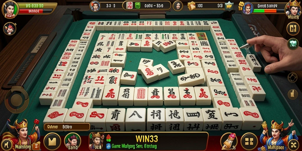 Screenshot menunjukkan gameplay WIN33 dengan ubin Mahjong yang berwarna-warni.